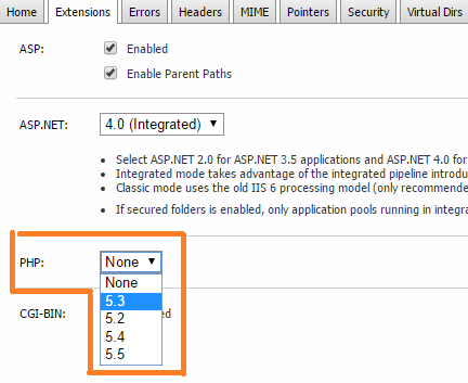 آموزش تنظیم ورژن PHP و Net. در WebsitePanel