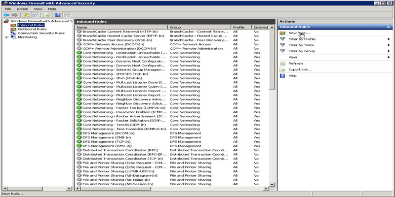 تنظیمات فایروال FTP در ویندوز سرور 2008